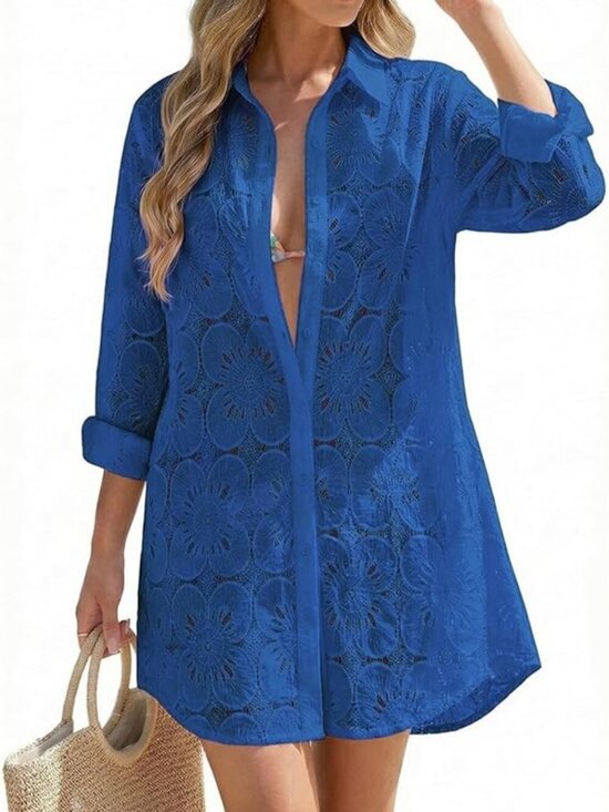 Other - Women's Royal Blue Blouse Eyelet Bathing Suit Button Down Swimsuit Cover Up